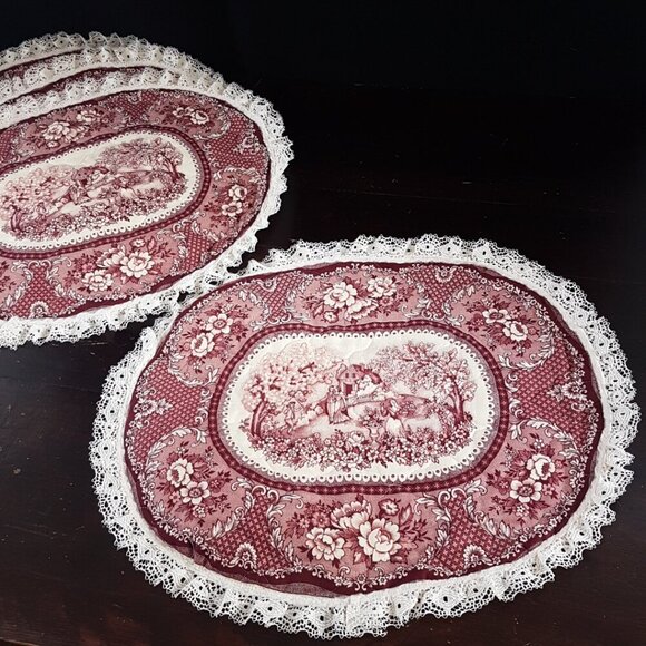 4pc Vintage Oval Quilted Toile Fabric Placemats Set - Picture 6 of 11